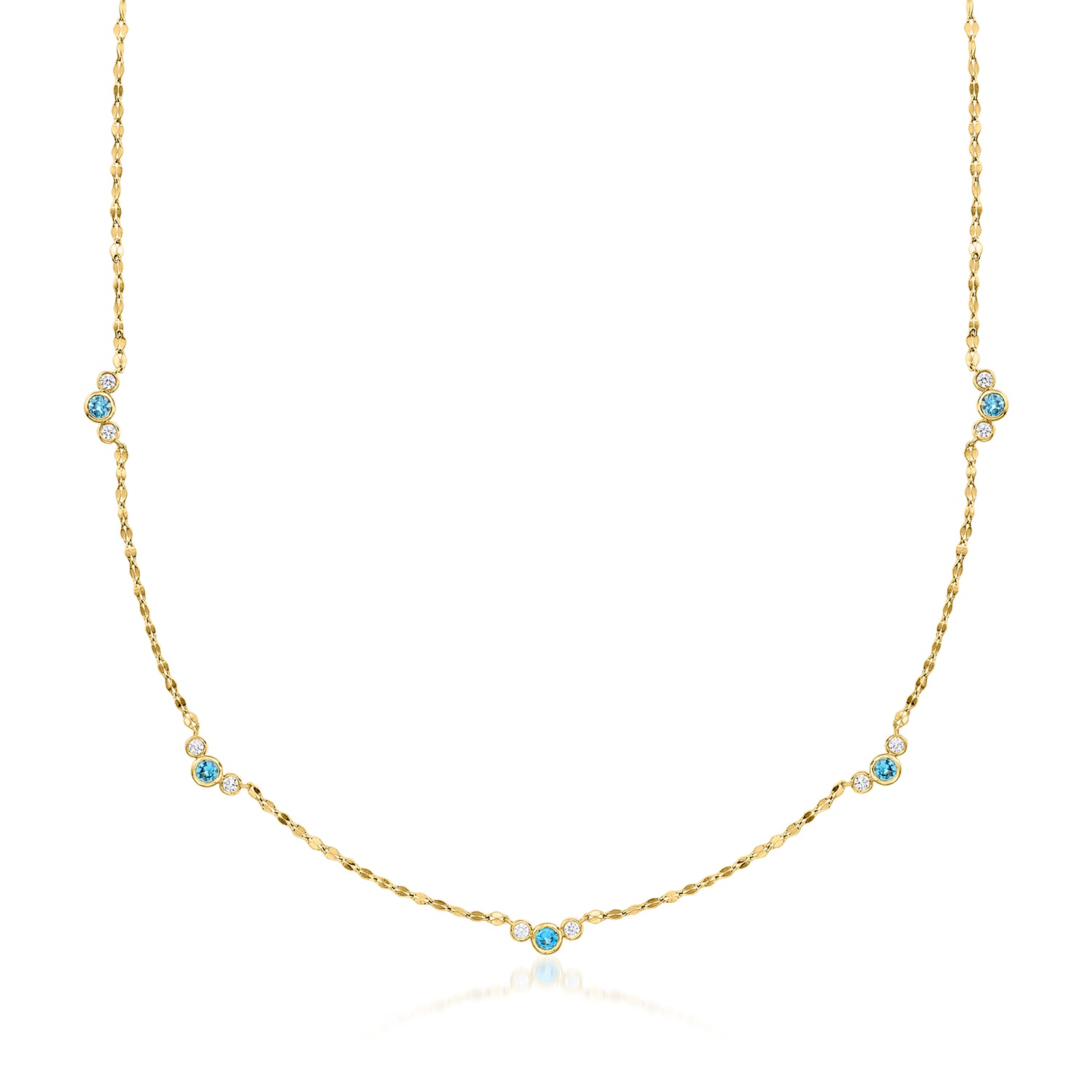 .50 ct. t.w. Bezel-Set London Blue Topaz and .35 ct. t.w. Lab Grown Diamond Station Necklace in 18kt Gold Over Sterling