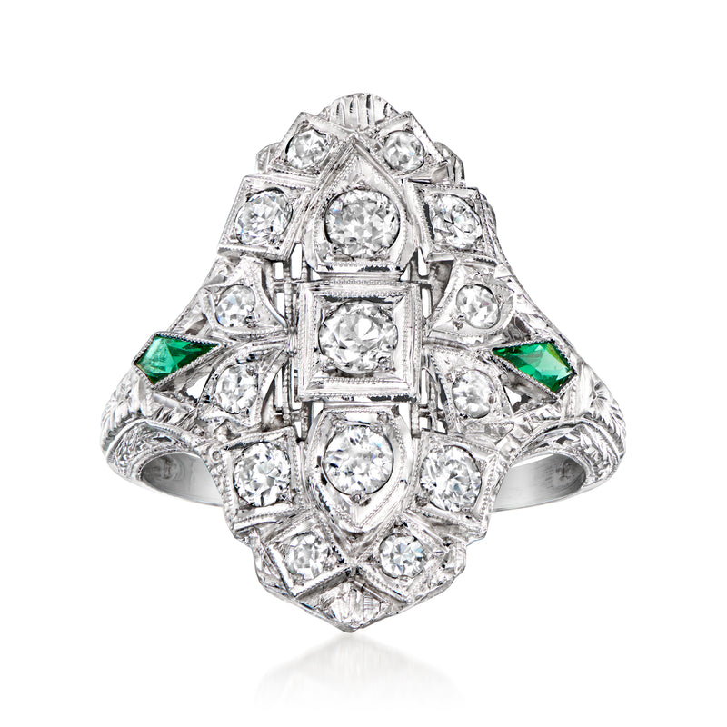 Vintage white-gold diamond dinner ring with green square accents