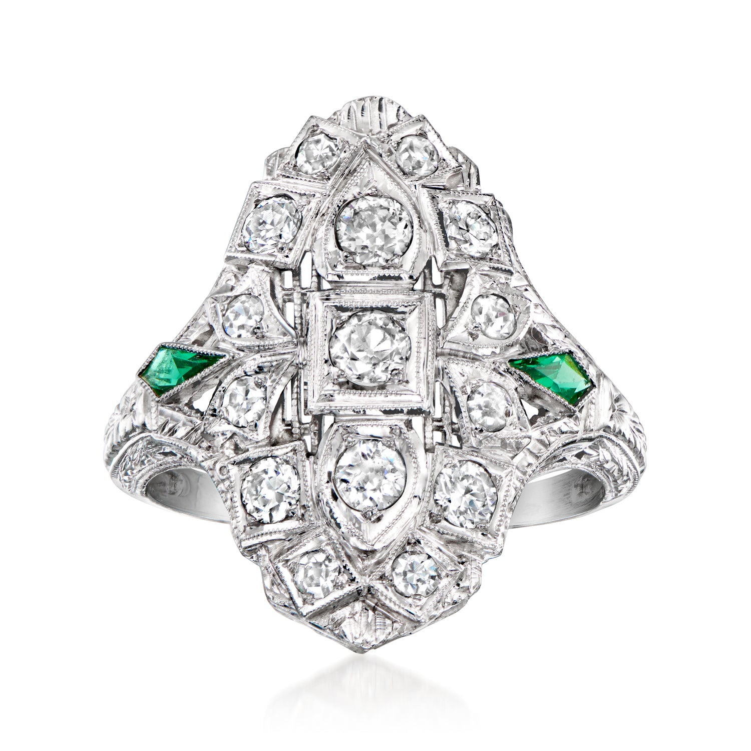 C. 1950 Vintage .70 ct. t.w. Diamond Dinner Ring with Synthetic Emeralds in 18kt White Gold