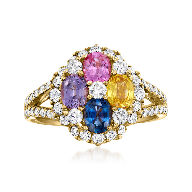 Multicolored sapphire and diamond ring with oval pink, yellow, blue stones in gold