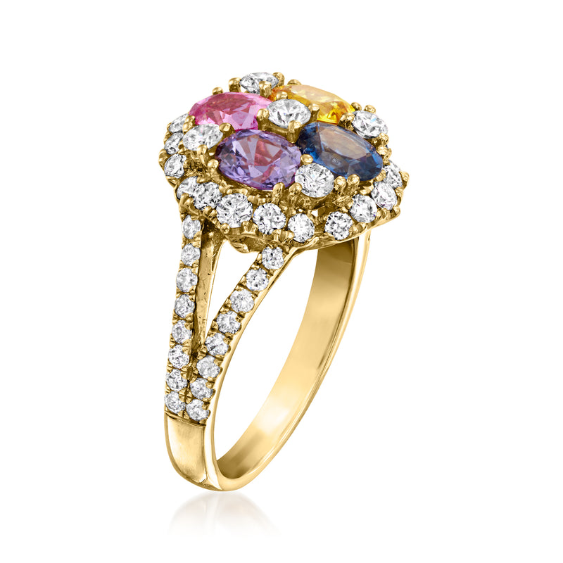 18k yellow gold multicolored sapphire ring with diamond halo, angled side view