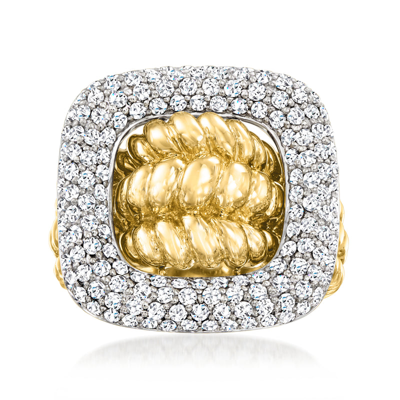 Two-tone gold diamond buckle ring with square diamond halo and raised gold center