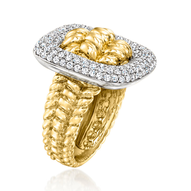 Two-tone gold diamond buckle ring side view, square diamond halo around gold cushion
