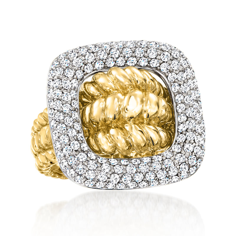 Two-tone gold diamond buckle ring with square halo of clear stones and gold cushion center