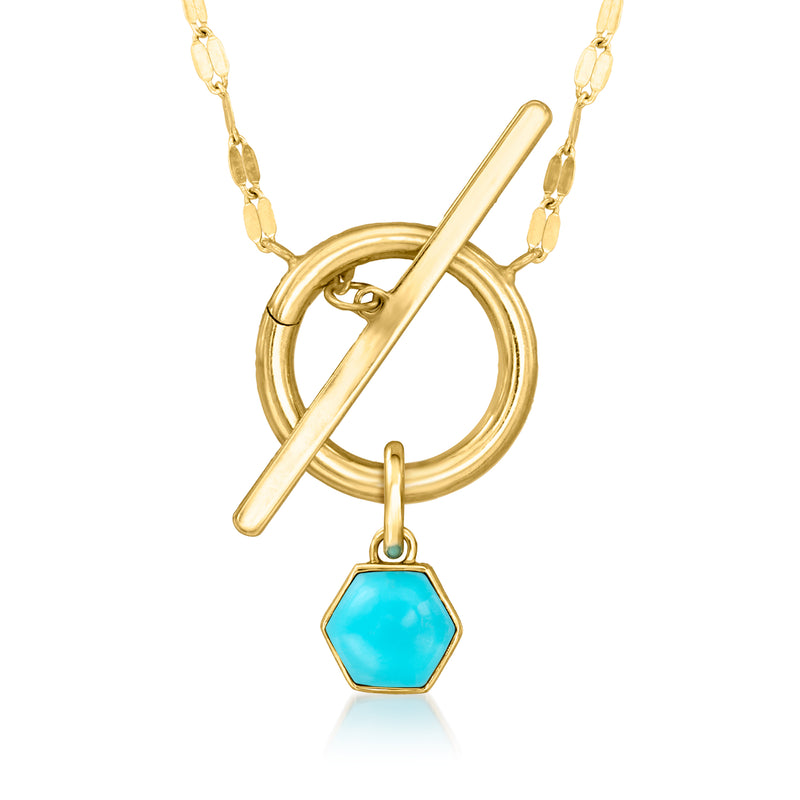 Yellow gold geometric necklace charm with turquoise octagon drop on chain