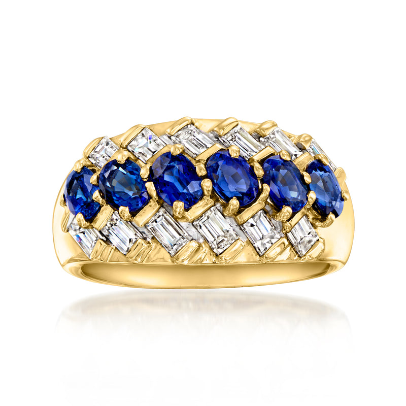 Vintage sapphire and diamond ring in 18kt yellow gold with blue oval center stones