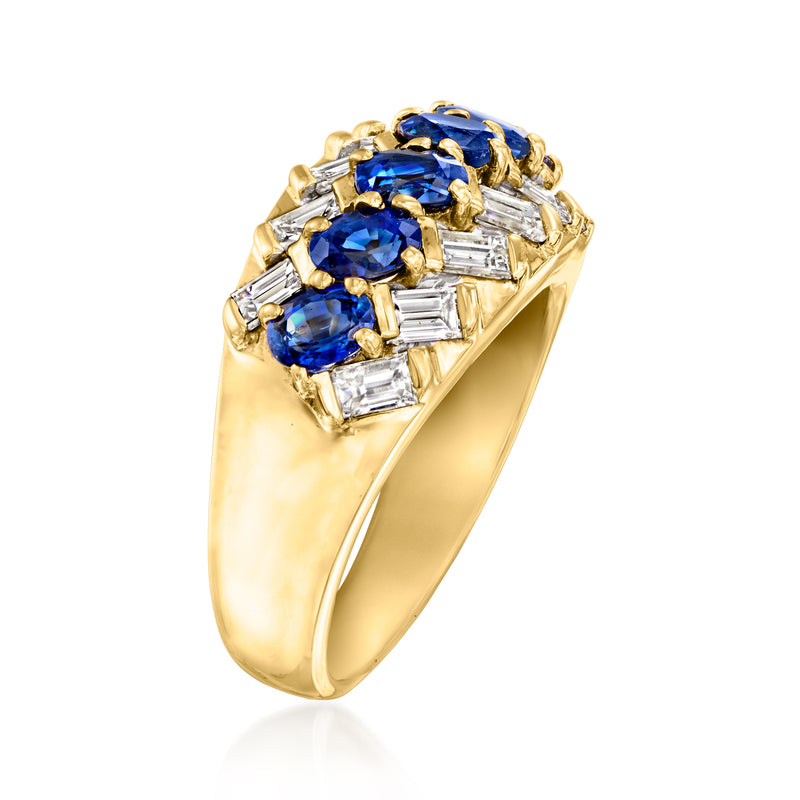 Vintage sapphire and diamond ring detail view with blue stones and baguette diamonds