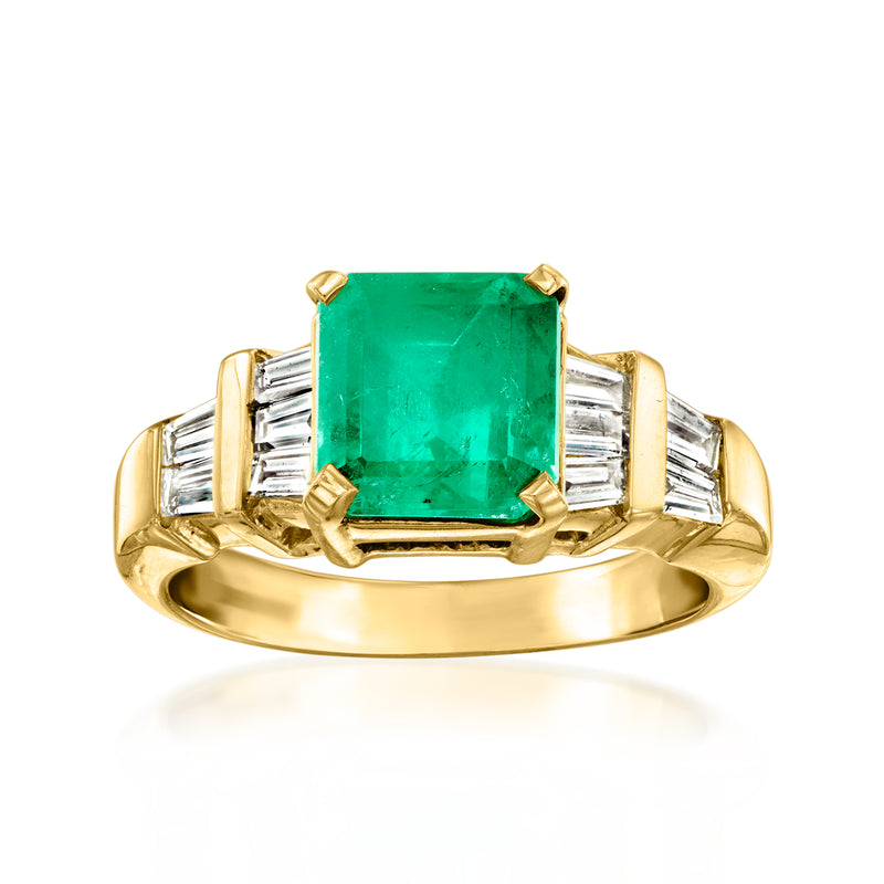 18kt yellow gold ring with emerald-cut green emerald and baguette diamond accents