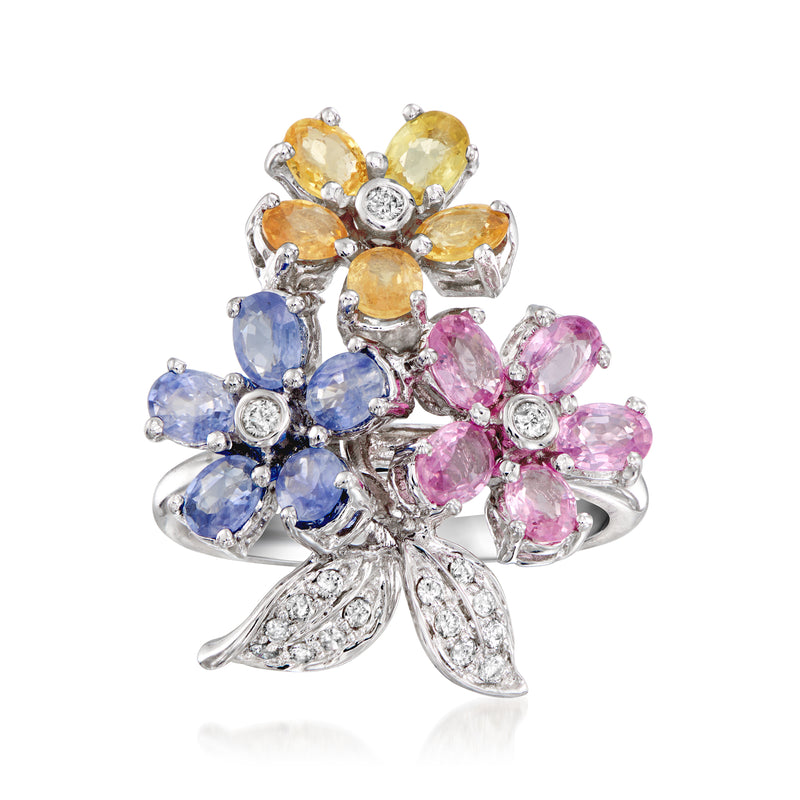 Multicolored sapphire flower ring in white gold with diamond accents and oval stones