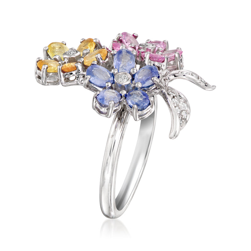 Multicolored sapphire flower ring with white-gold prongs and diamond details, side view