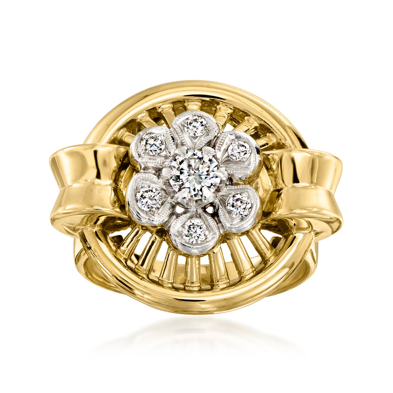 Vintage openwork circle ring in 14kt yellow gold with round diamond cluster and platinum setting