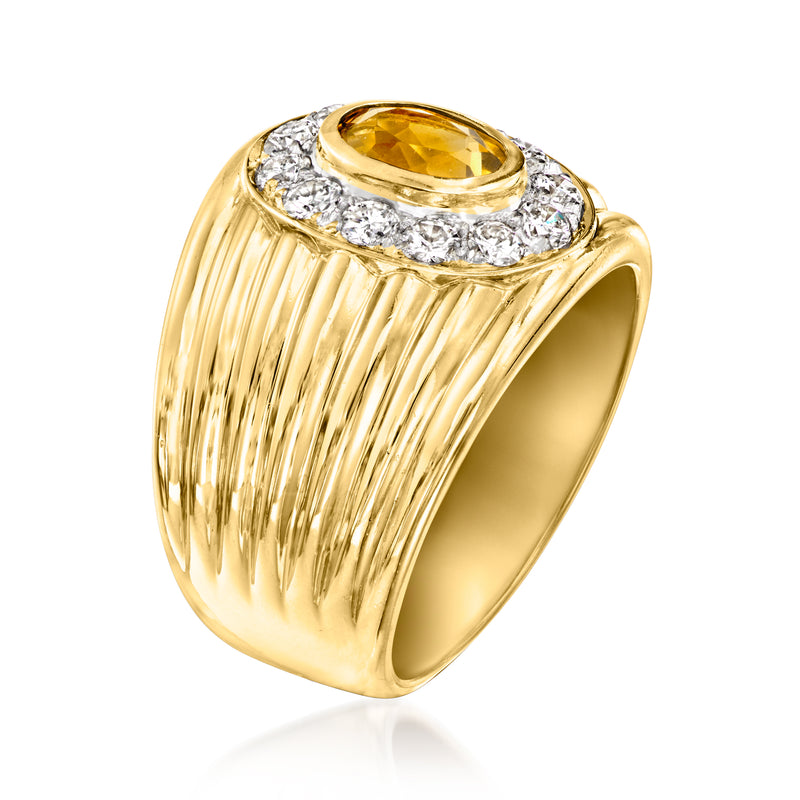 Vintage yellow gold citrine and diamond ring, rounded band with oval center stone