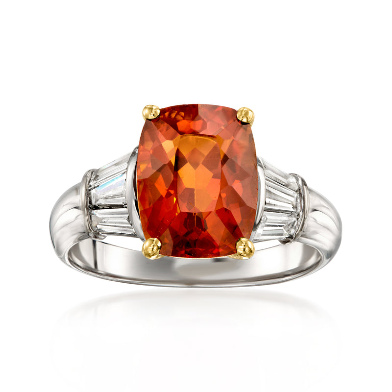 Vintage white gold ring with large orange gemstone and baguette diamond accents