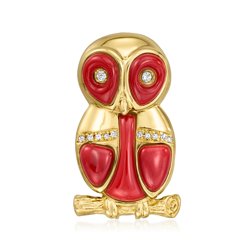 18kt yellow gold owl pin with red enamel body and faceted diamond eyes, detailed wings