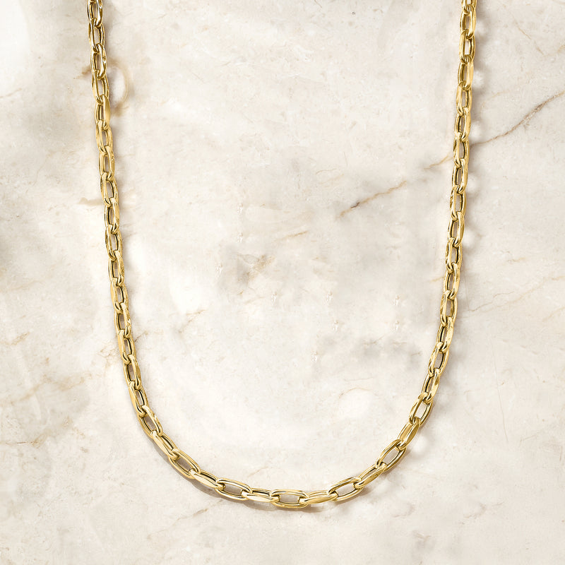 Yellow gold cable-chain necklace with oval links, front view