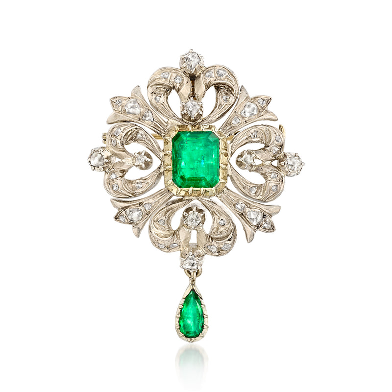 Vintage emerald and diamond pin/pendant in yellow gold and sterling silver, square green center stone