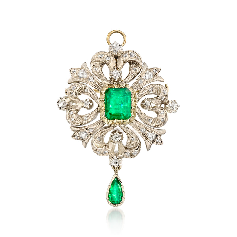 Vintage emerald and diamond pin/pendant with loop bail, square green center and dangling teardrop stone