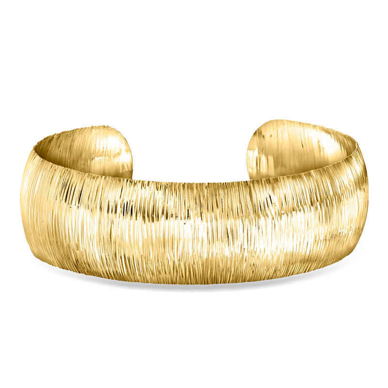 Gold over sterling textured cuff bracelet with wide open silhouette