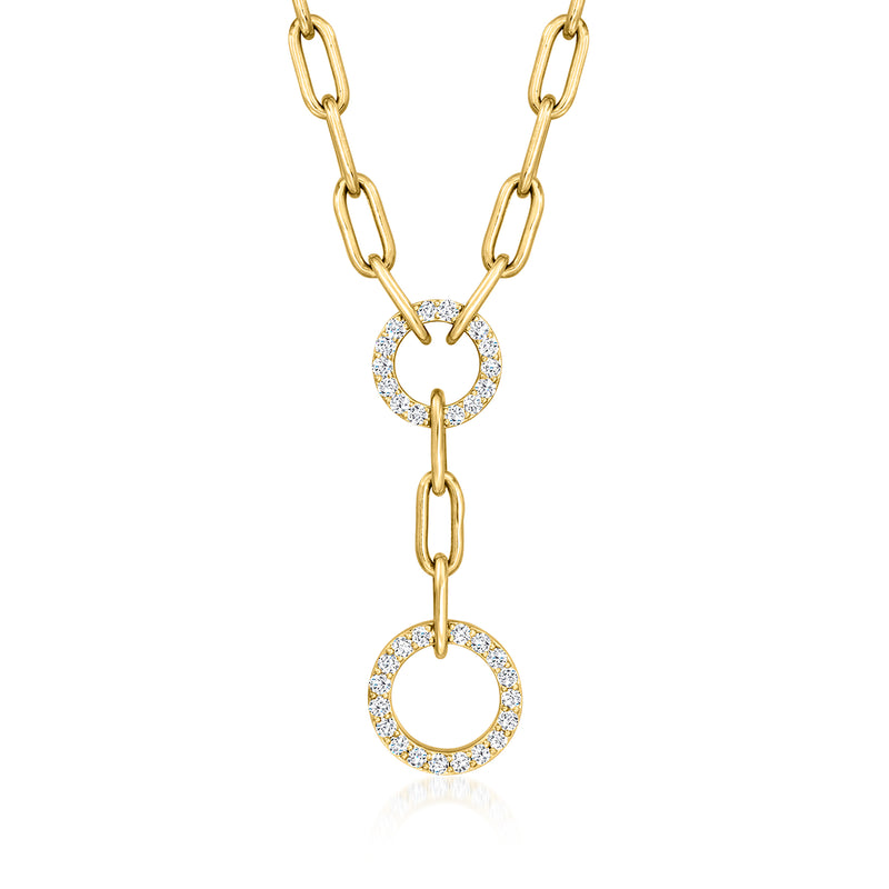 14k yellow gold paper clip link necklace with two circular diamond accents