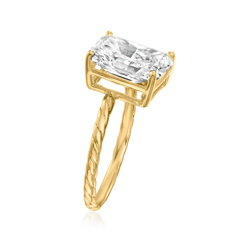 14kt yellow gold solitaire ring with cushion-cut lab-grown diamond, angled view