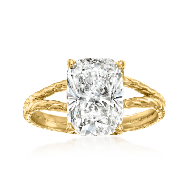 14kt yellow gold solitaire diamond ring with large cushion-cut center stone