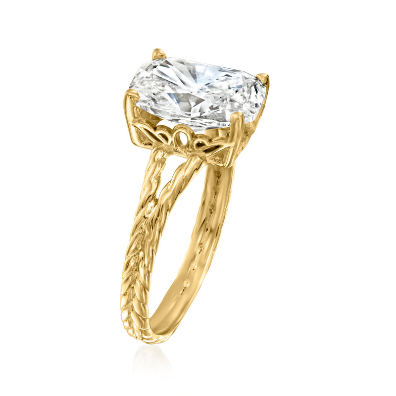 14kt yellow gold solitaire diamond ring, cushion-cut center stone, side angle