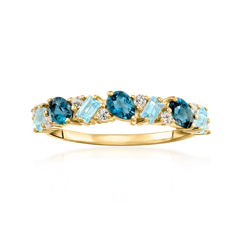 10kt yellow gold ring with blue topaz and white accents, slim shared-prong band