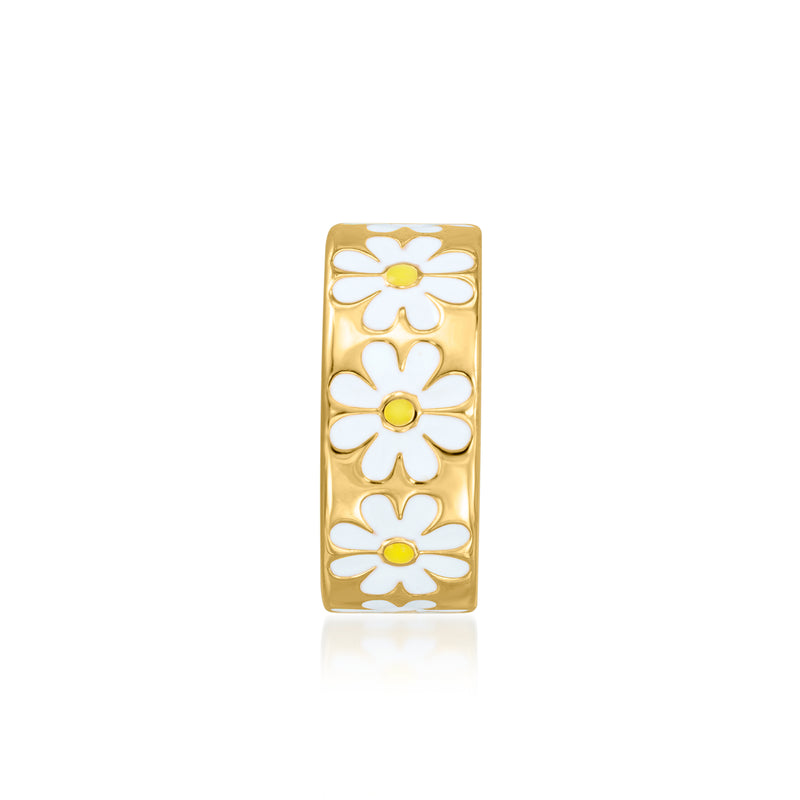 Gold enamel daisy bead charm with white petals and yellow dot centers