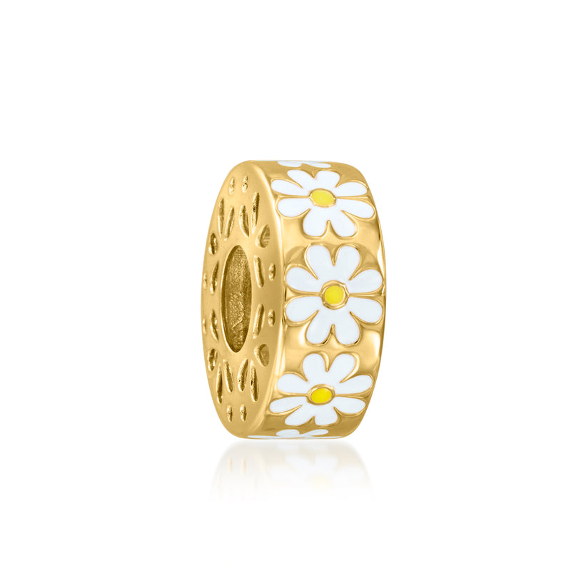 Gold enamel daisy bead charm with stacked white flower motifs and yellow centers