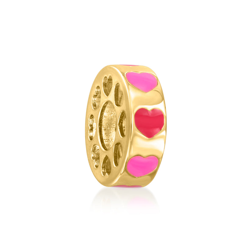 Gold heart bead charm with red and pink enamel hearts, side view