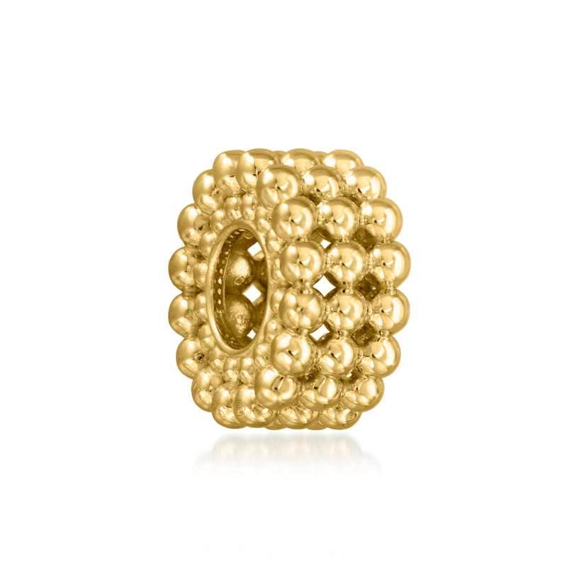 Gold three-row bead charm with openwork oval cutouts and raised bead texture
