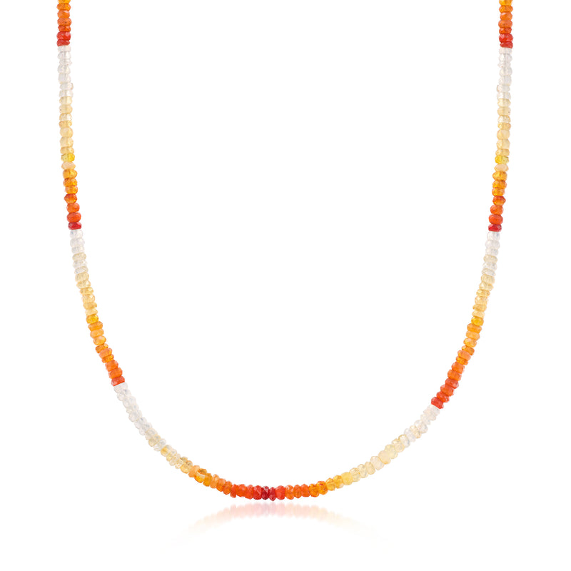 Multicolored opal bead necklace with 3.5–4mm beads, orange, white, and yellow rows
