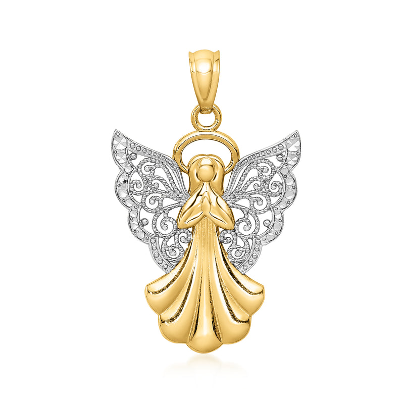 14kt two-tone gold angel pendant with detailed filigree wings