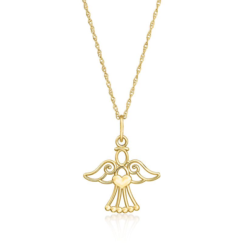Yellow gold angel pendant charm on long chain with bail