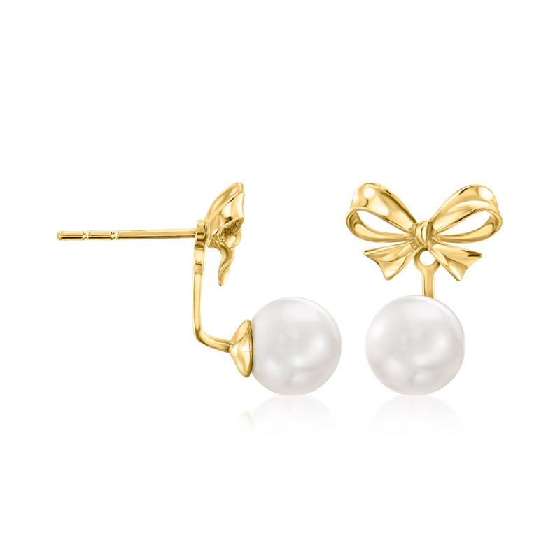 10kt yellow gold bow earrings with cultured pearl drops and straight post backing