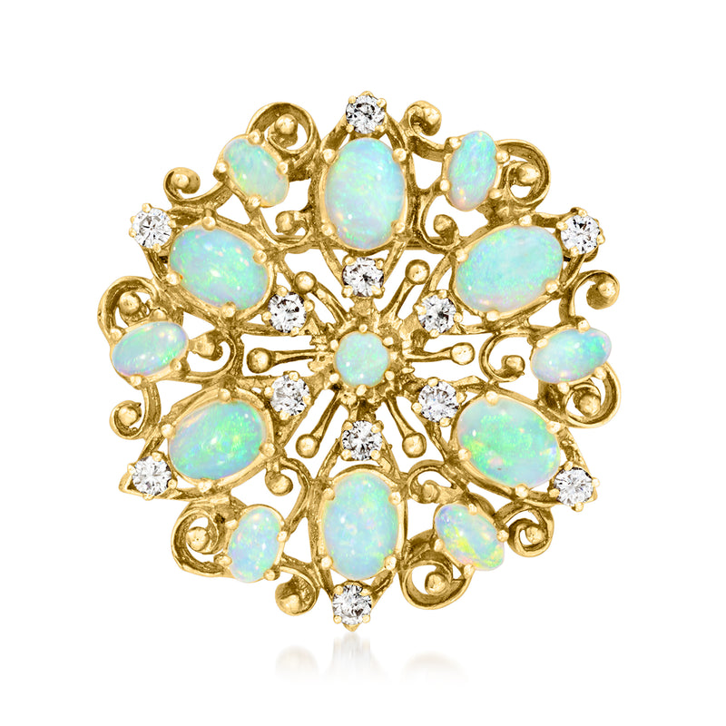 14kt yellow gold opal and diamond pin with oval opal cabochons in floral setting