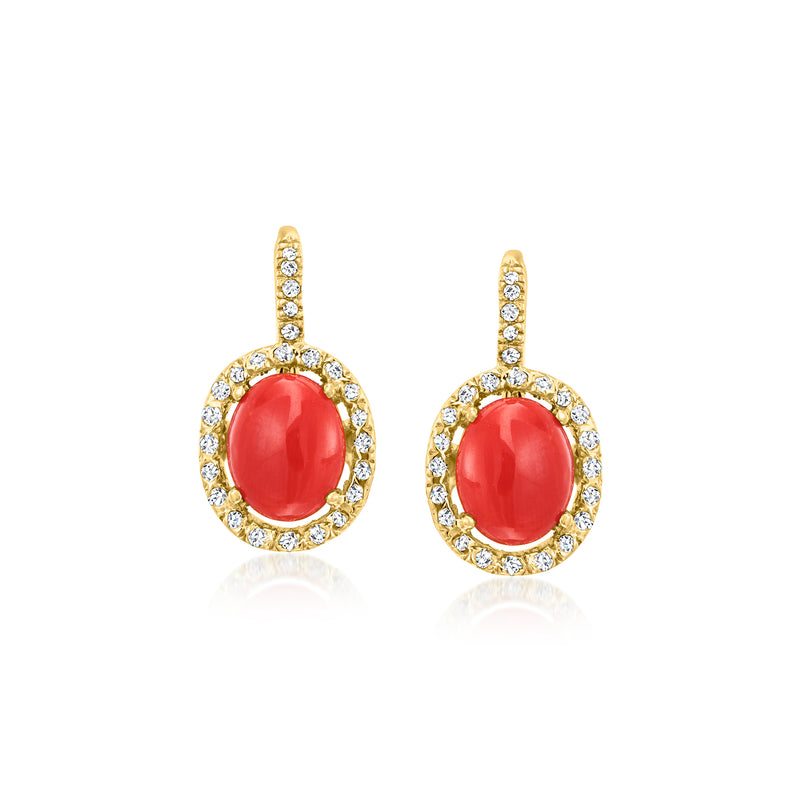 18kt yellow gold leverback drop earrings with coral red oval and diamond halo