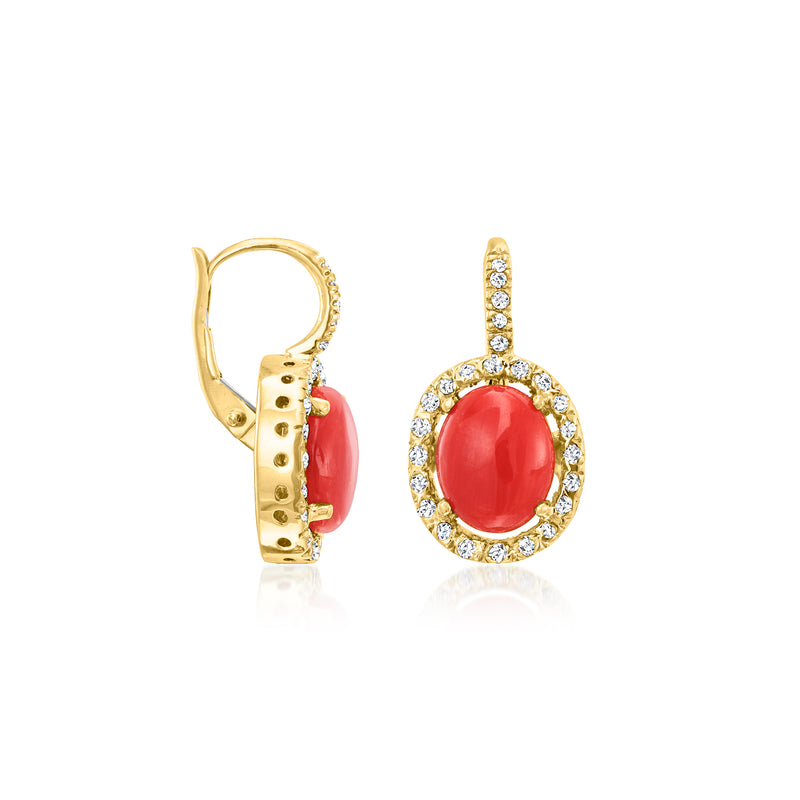 18kt yellow gold leverback view with hinged back and coral red oval diamond halo drops
