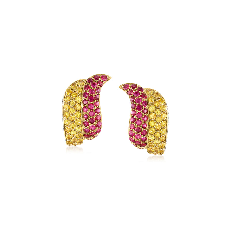 Pair of 14kt yellow gold earrings with ruby and yellow sapphire pavé curves