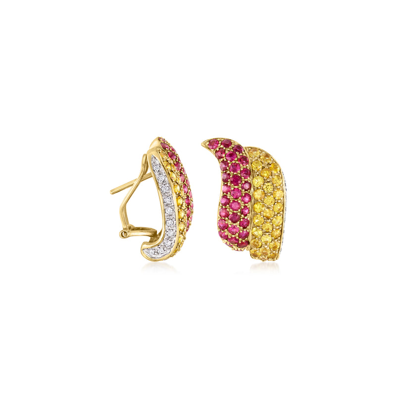 Yellow gold half-hoop earrings with pink center row and yellow outer row