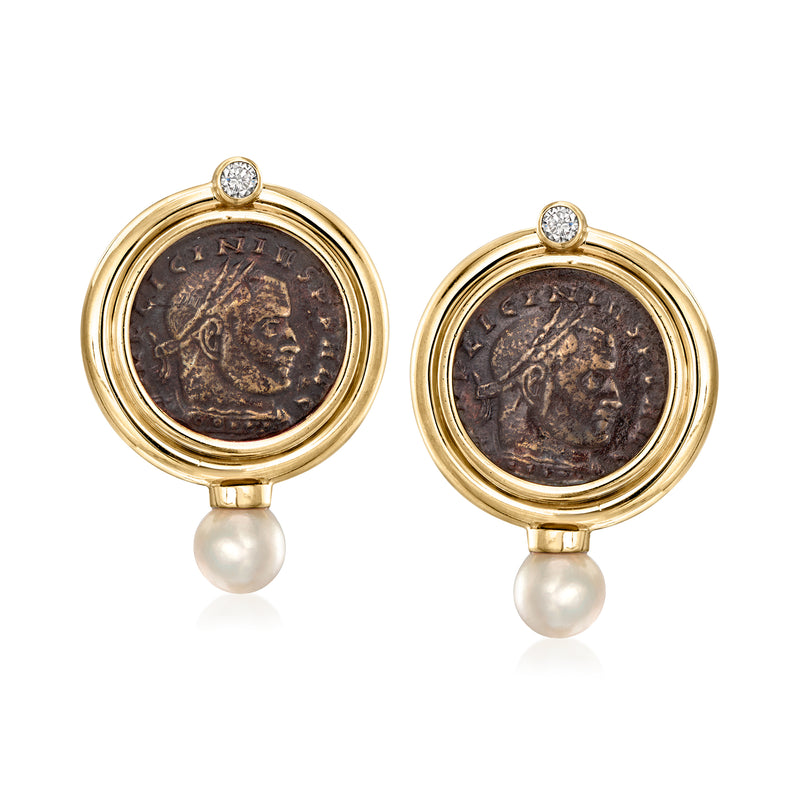 Vintage coin earrings in 14kt yellow gold with diamond tops and cultured pearl drops