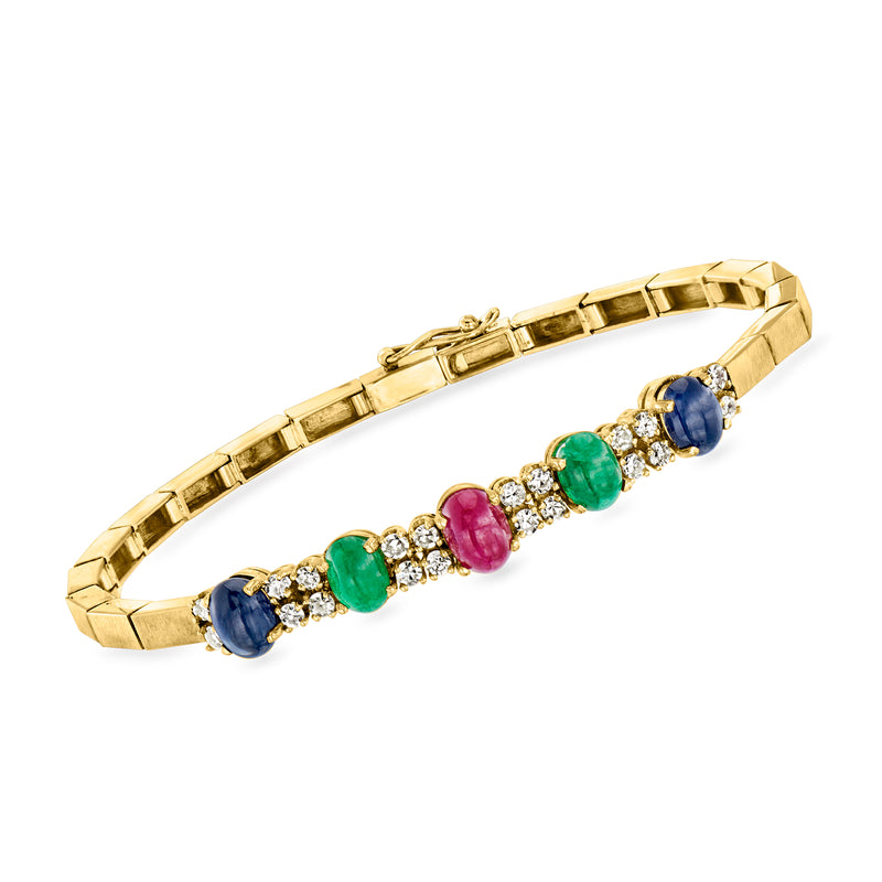 Vintage yellow gold link bracelet with multicolor gemstones and diamond accents