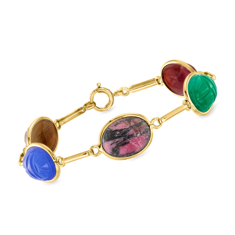 14kt yellow gold bracelet with multicolor scarab gemstone charms