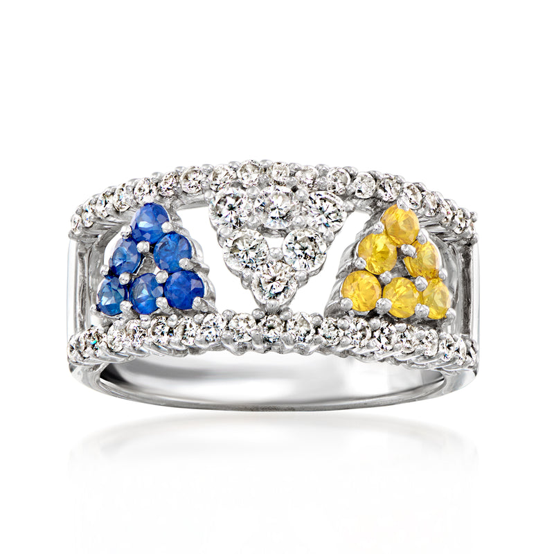 White gold geometric ring with blue and yellow sapphires and diamond pave border