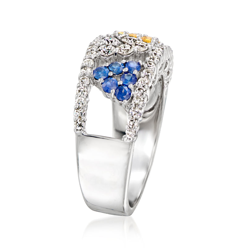 Vintage geometric ring in white gold with diamonds and blue-yellow sapphires