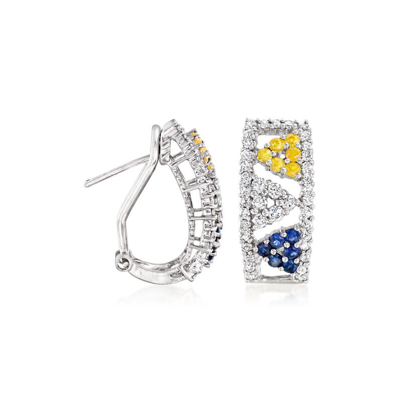 Geometric curved hoop earrings in 18kt white gold with yellow and blue stones