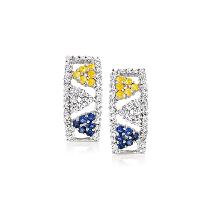 Geometric white gold earrings with diamonds and multicolored sapphires