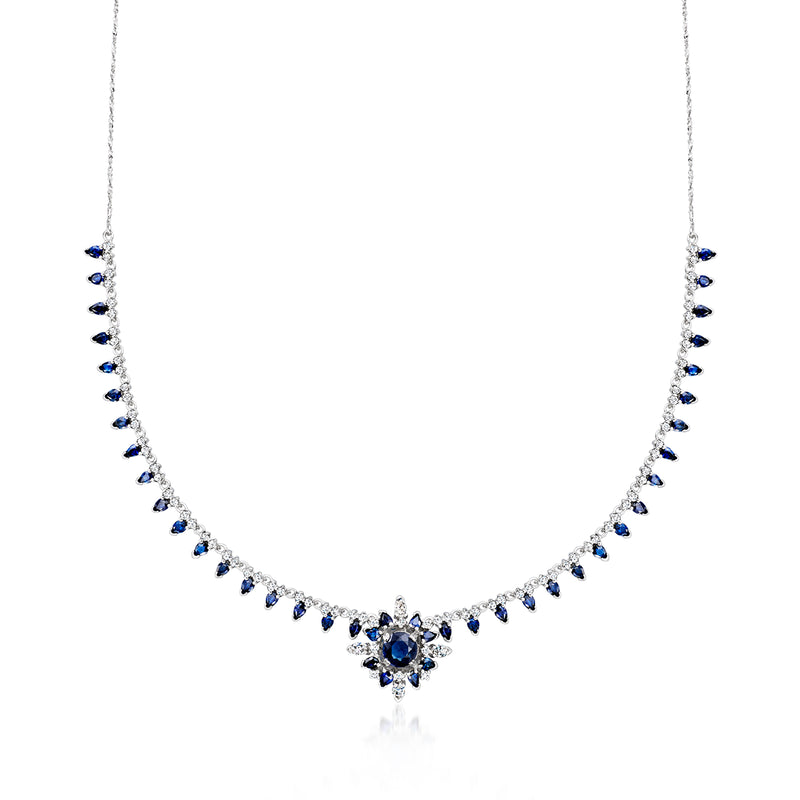 18k white gold sapphire and diamond tennis necklace with central flower cluster pendant