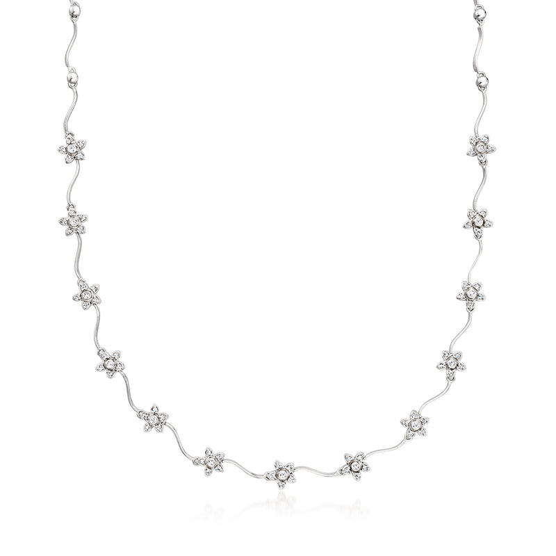 Diamond flower station necklace in white gold, 16 in chain with oval flower clusters