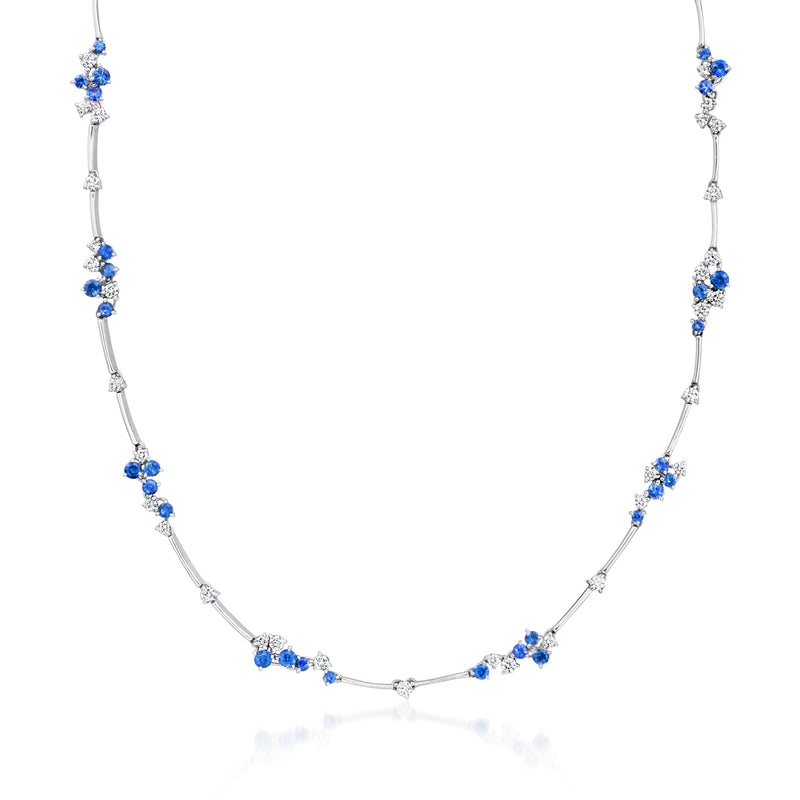 White gold sapphire and diamond station necklace with blue round stones and slim stations